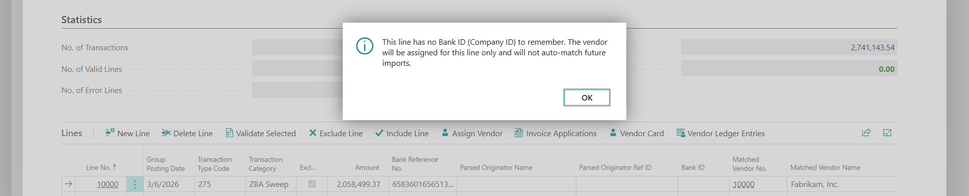 Assign Vendor — line has no Bank ID, assigned for this line only