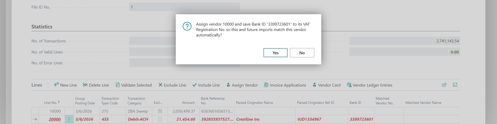 Assign Vendor confirmation — save Bank ID to the vendor