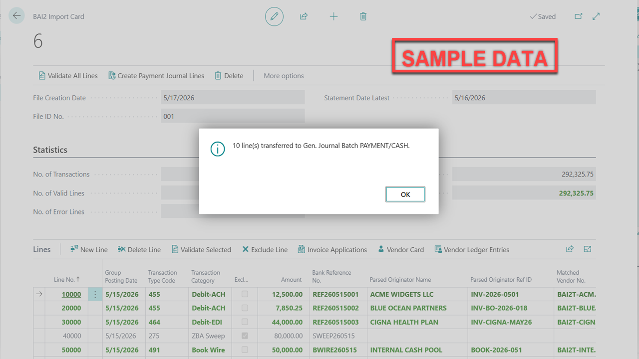 Payment journal lines created confirmation
