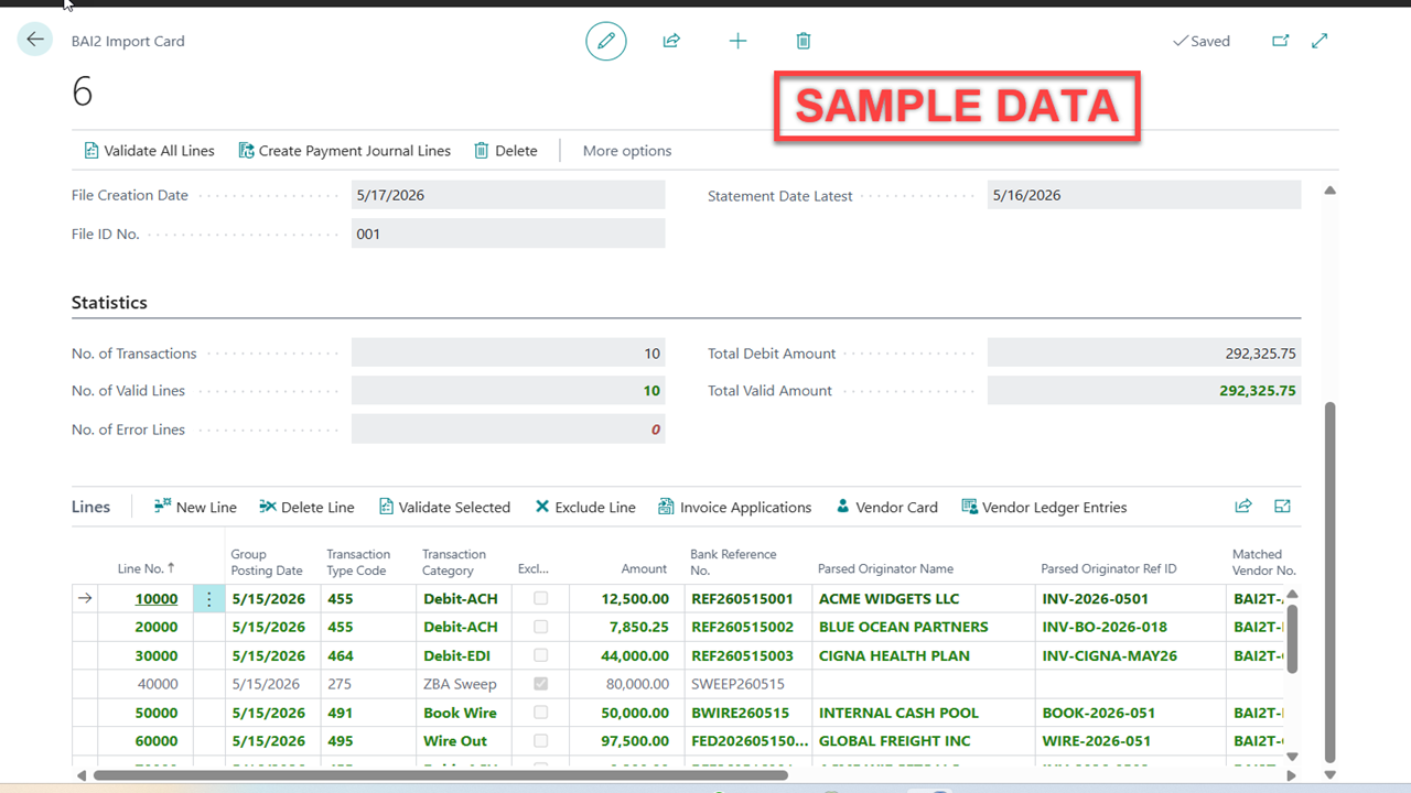 BAI2 Import card with validated lines