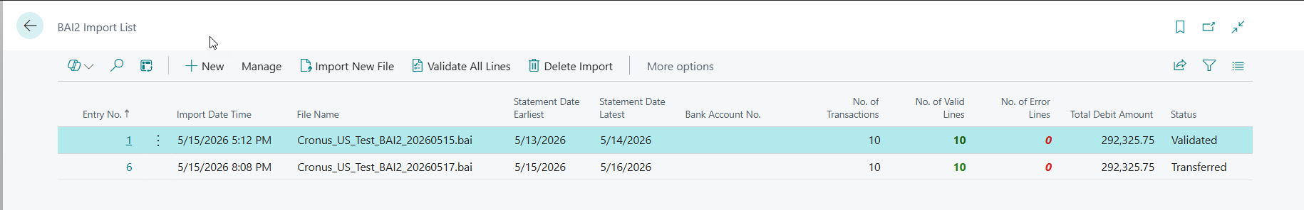 BAI2 Import list