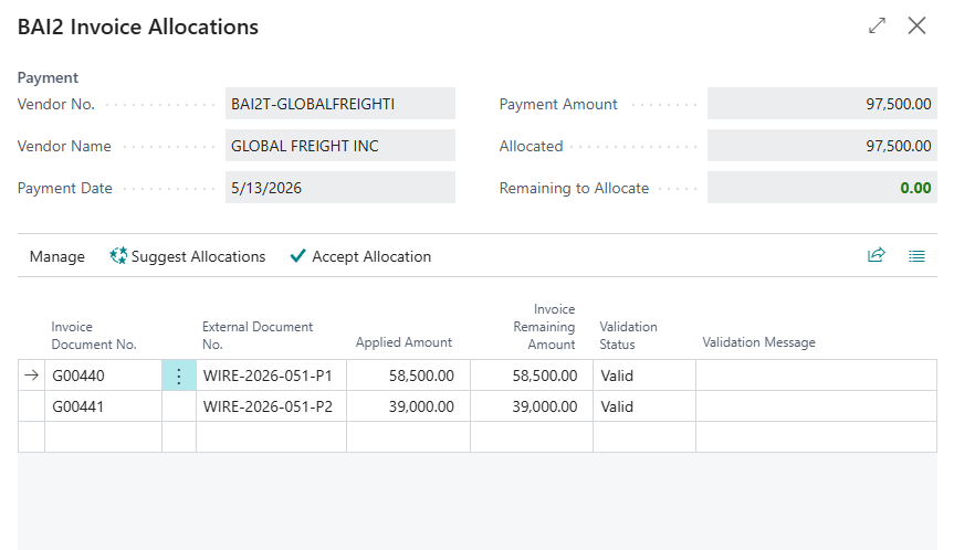 BAI2 Invoice Allocations worksheet