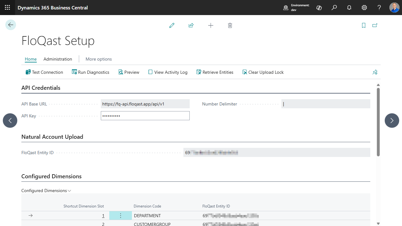 FloQast Setup page — Configured Dimensions section