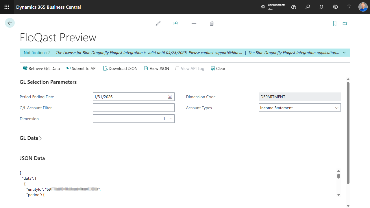 FloQast Preview page — JSON Data section