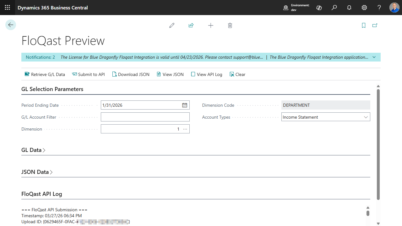 FloQast Preview page — API Log section