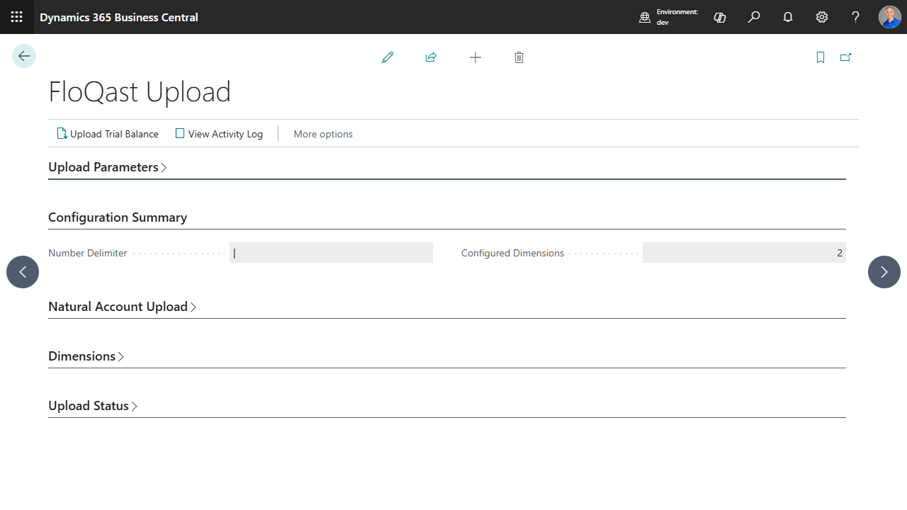 FloQast Upload page — configuration summary