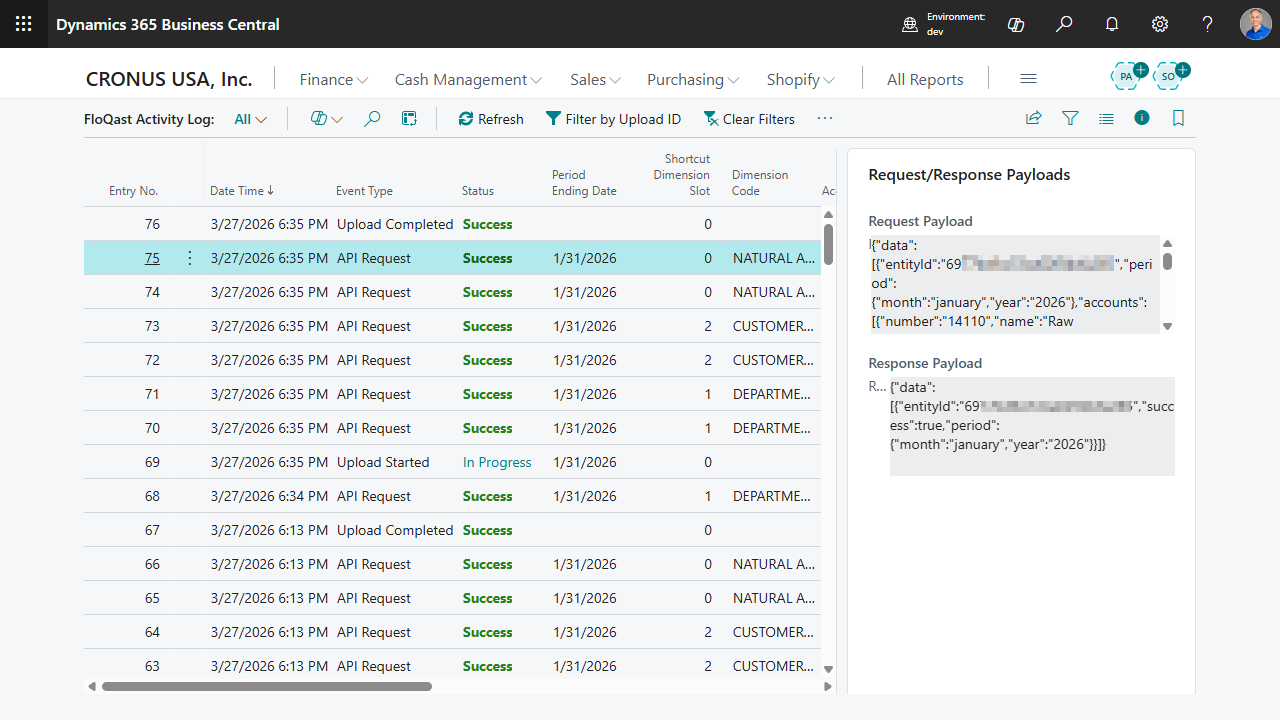 Activity Log — Request/Response Payloads FactBox